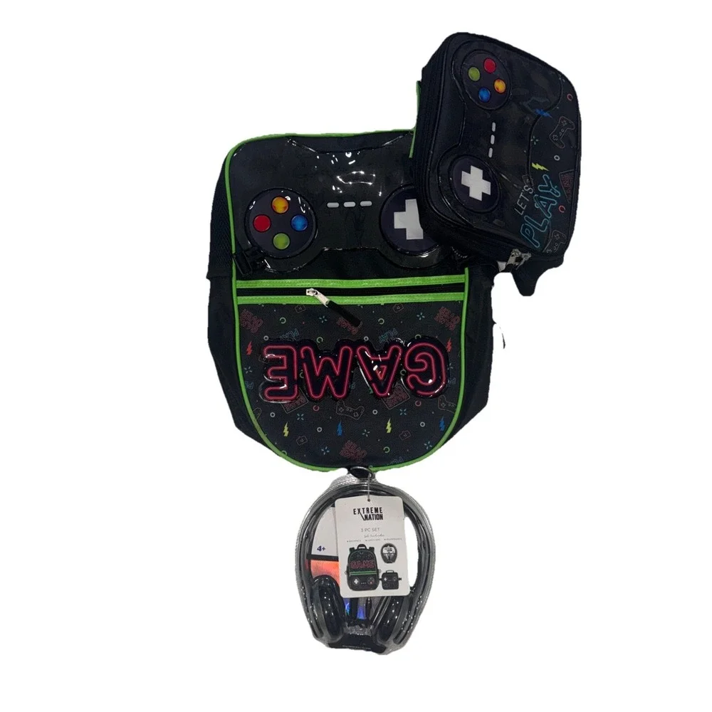 Boy's Extreme Nation Game On School 3 Piece Set Backpack Lunch‎ Bag Headphones